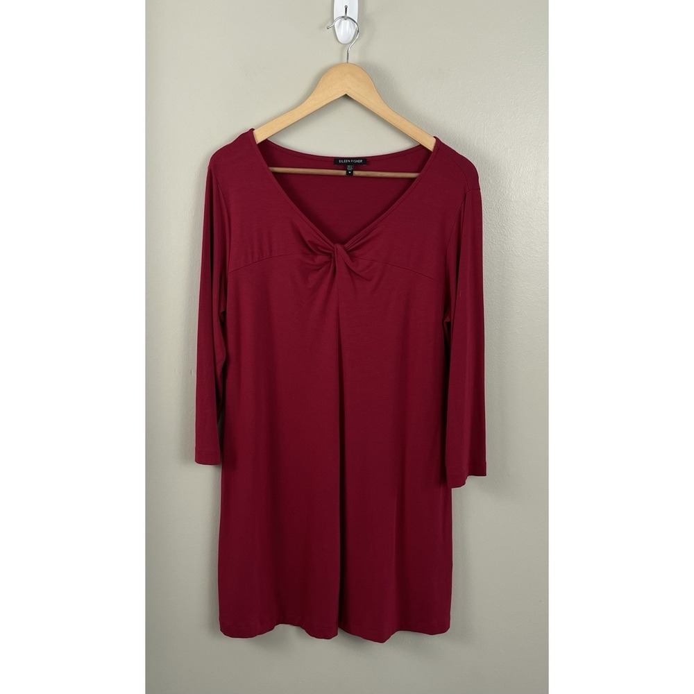 Eileen Fisher Tunic Dress M 3/4 Sleeve Cranberry Red Valentines Day Made In USA